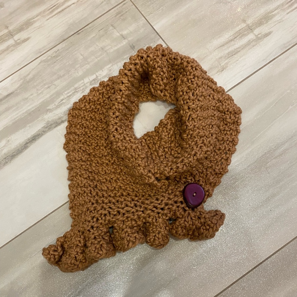 Hand Knit Camel Tan Neckie with Button and Ruffle Detail, one size fits most